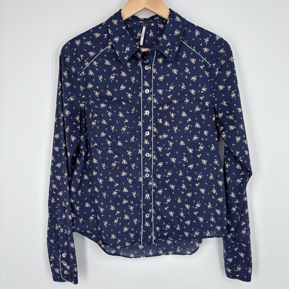 Free People Floral Western Piping Button Down Shirt Navy Blue Womens S Prairie